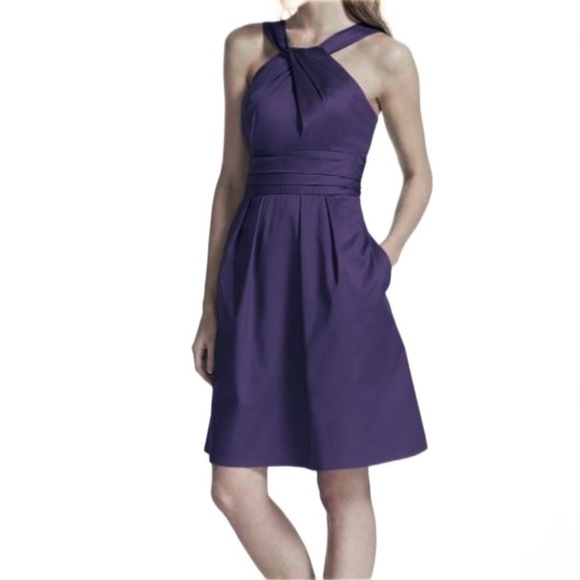 Davids Bridal Halter Y Neckline Ruched Waist 83690 Midi length Bridesmaid Dress - Picture 1 of 16